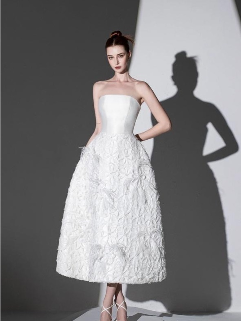 CiCi Embellished Bustier White Midi Dress with Textured Floral Skirt - small